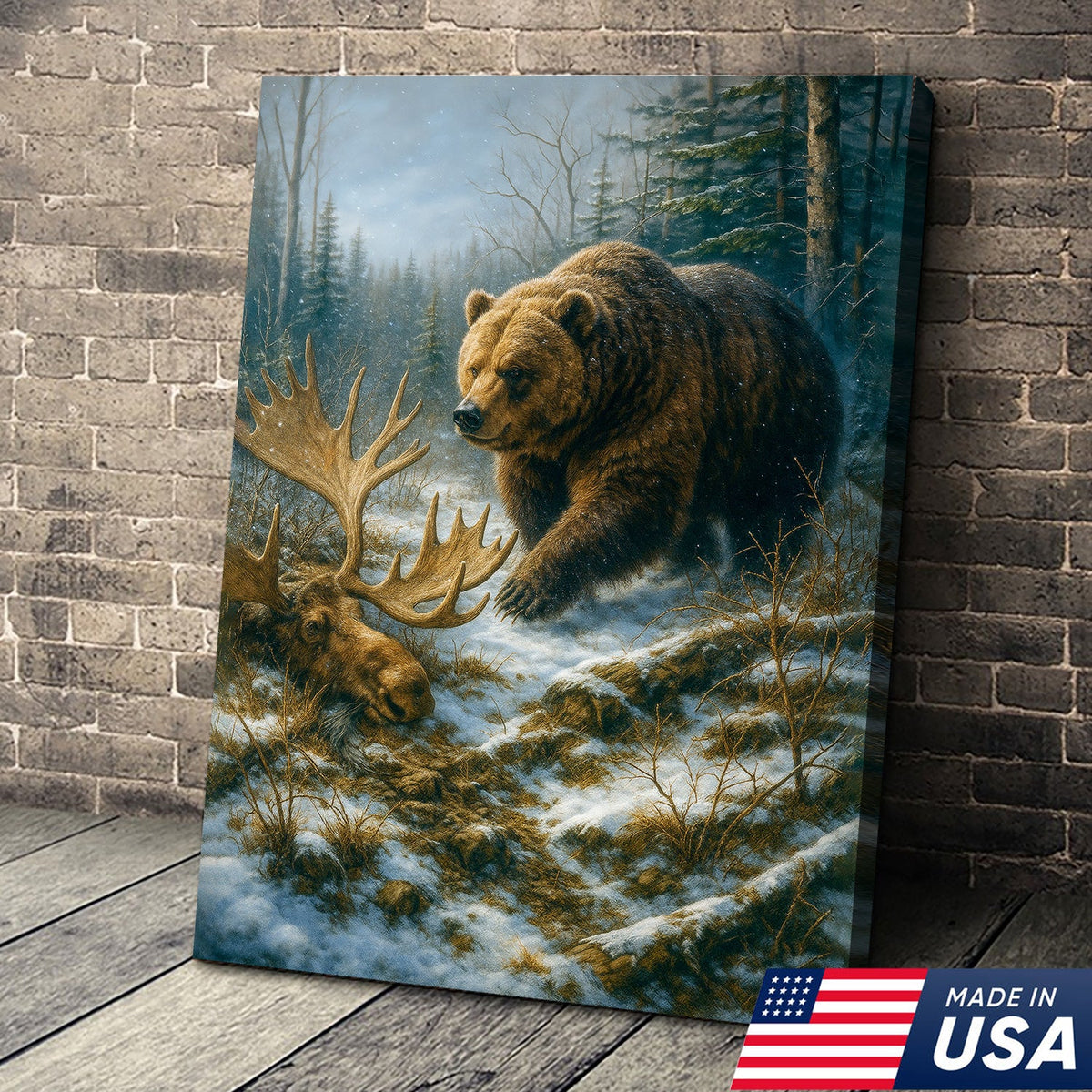 Grizzly Bear and Moose Wilderness Wall Art – Rustic Hunting Canvas for Cabin & Lodge Decor