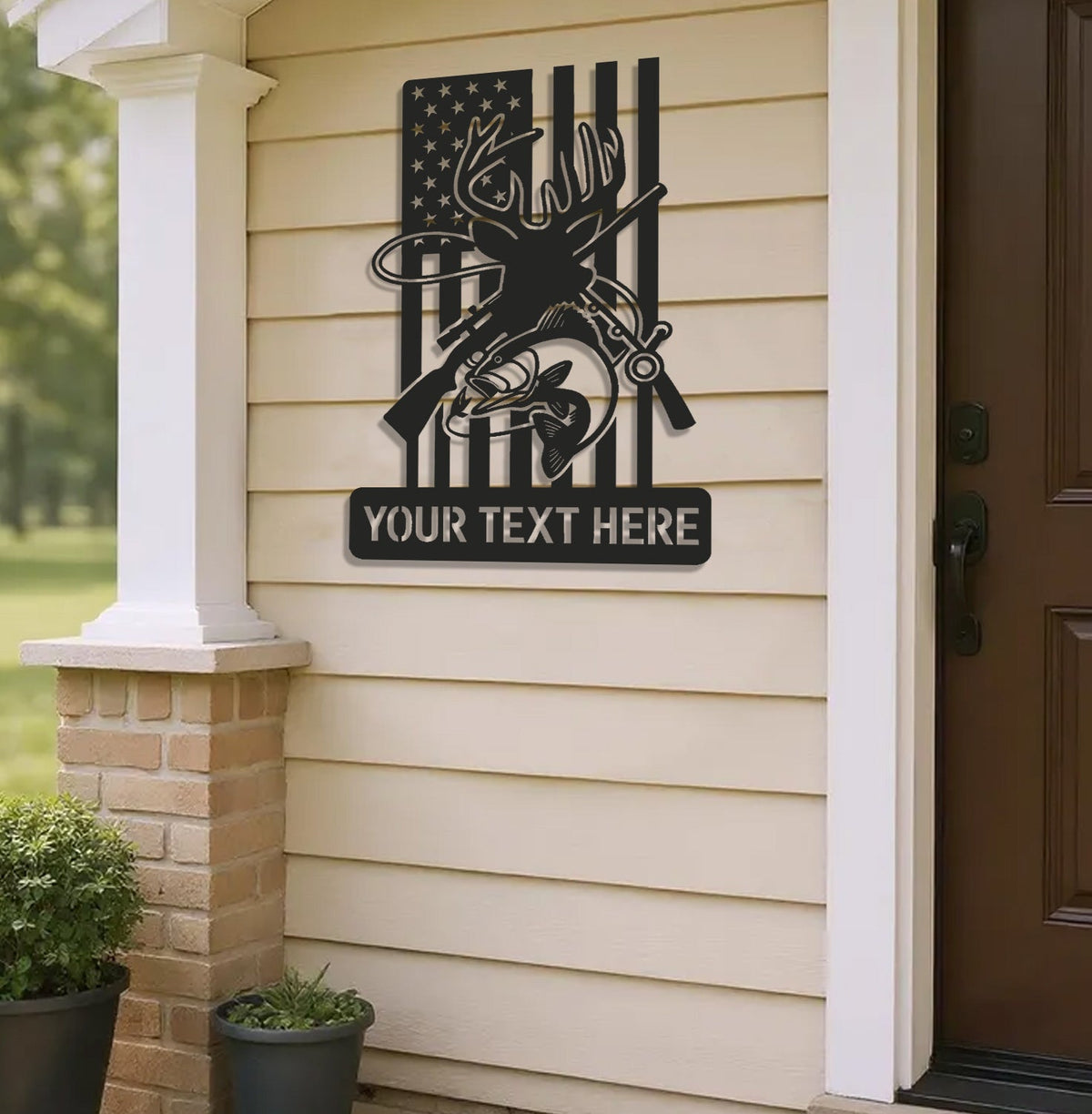 Personalized Deer and Fish American Flag Metal Sign WITH LED/WITHOUT LED, Hunting and Fishing Wall Art