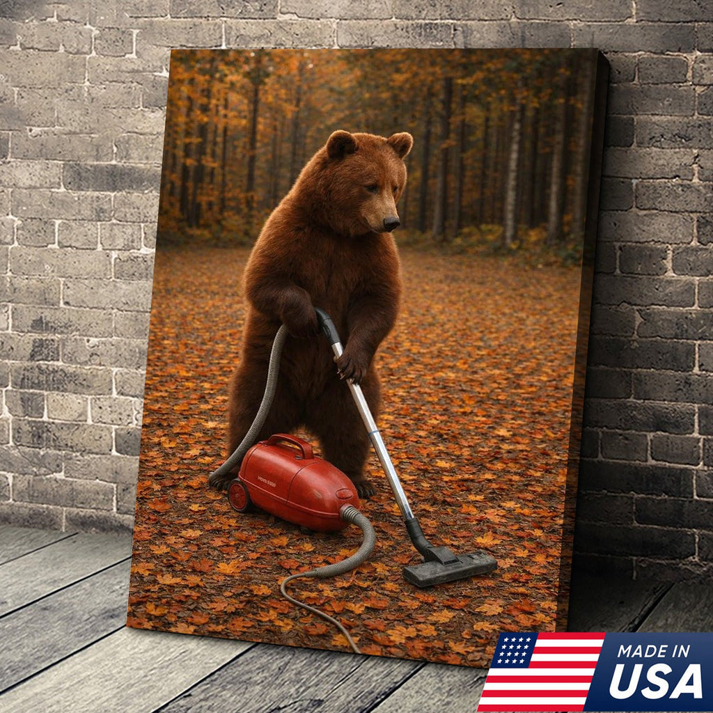 Funny Bear Vacuuming Leaves Canvas Wall Art, Whimsical Autumn Animal Humor Print