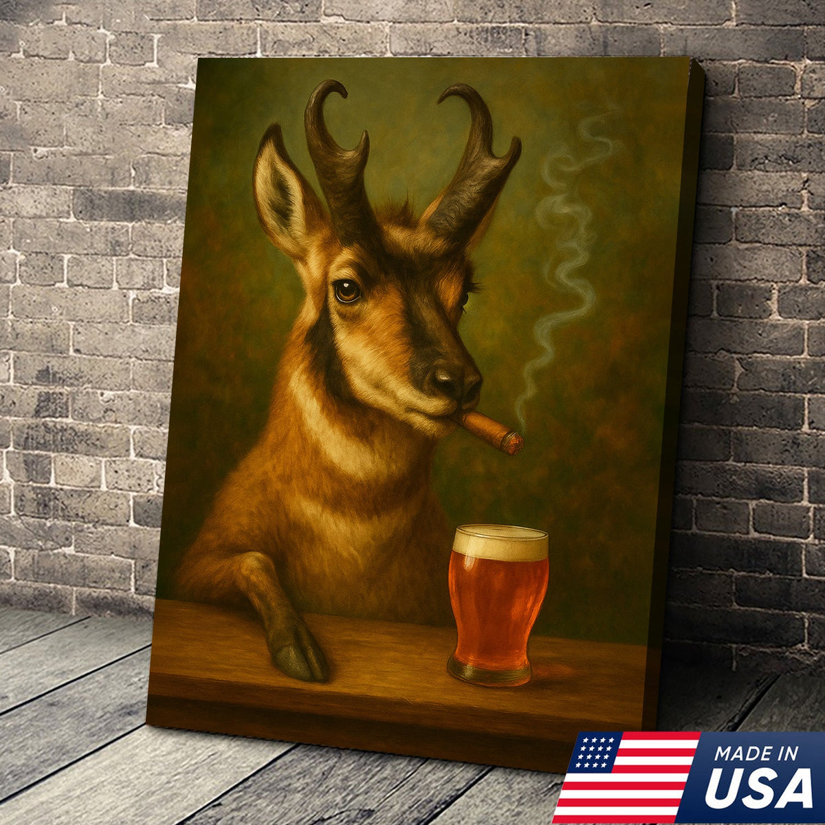Funny Pronghorn Antelope Smoking & Beer Canvas Wall Art - Hunting Perfect Gift for Hunters & Cocktail Glasses Lovers