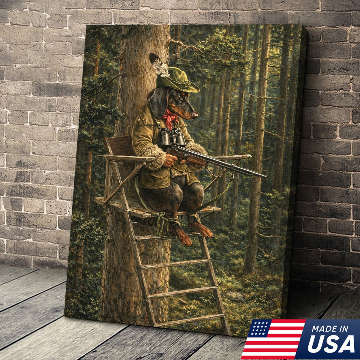 Funny Hunting Dog Wall Art, Dachshund Hunter Tree Stand Canvas
