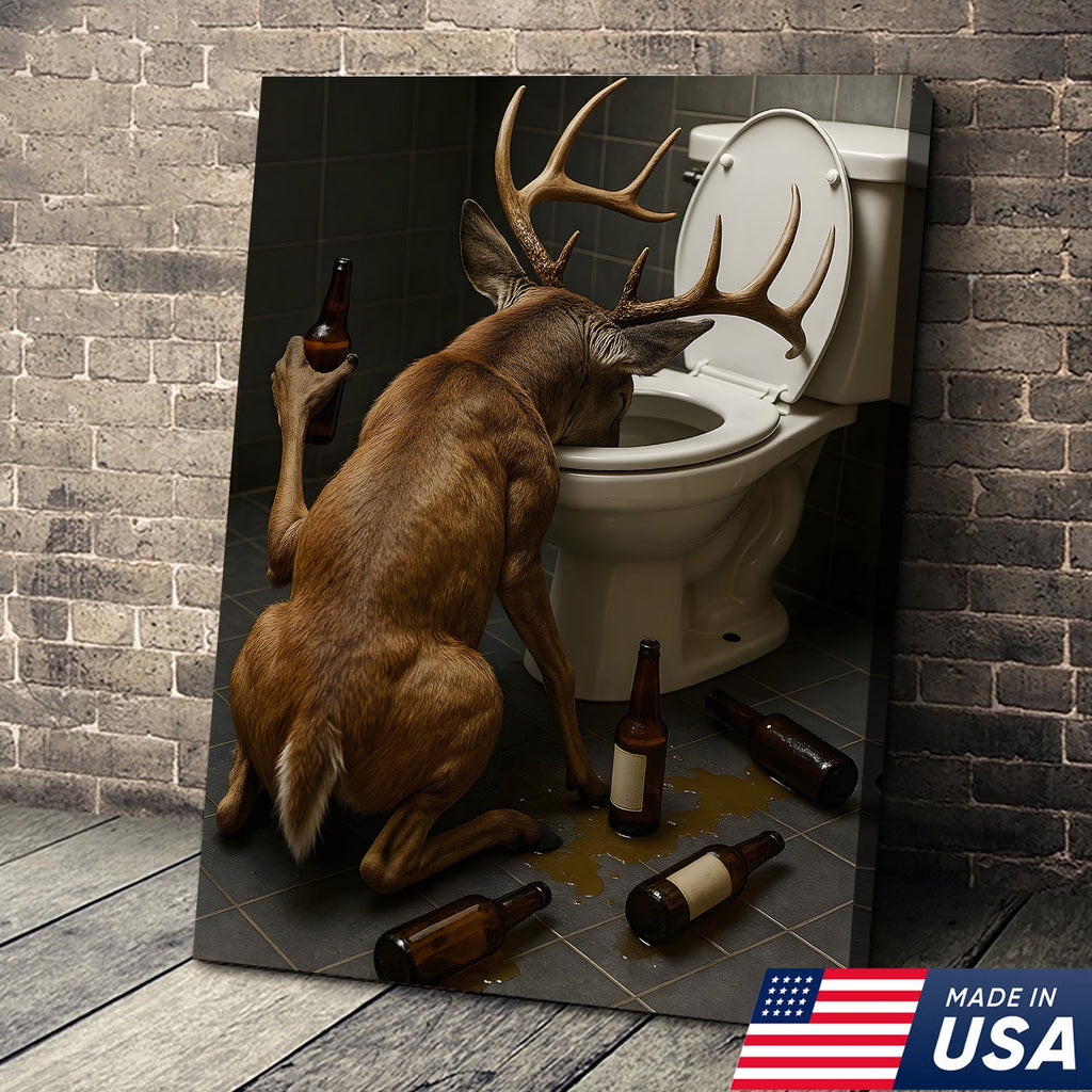Funny Drunk Deer Canvas Wall Art, Hilarious Buck Bathroom Decor