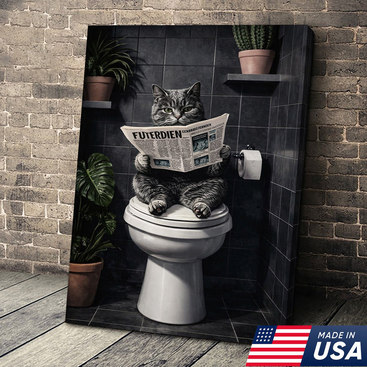 Funny Cat Bathroom Canvas – Cat On Toilet Wall Art – Meme Decor
