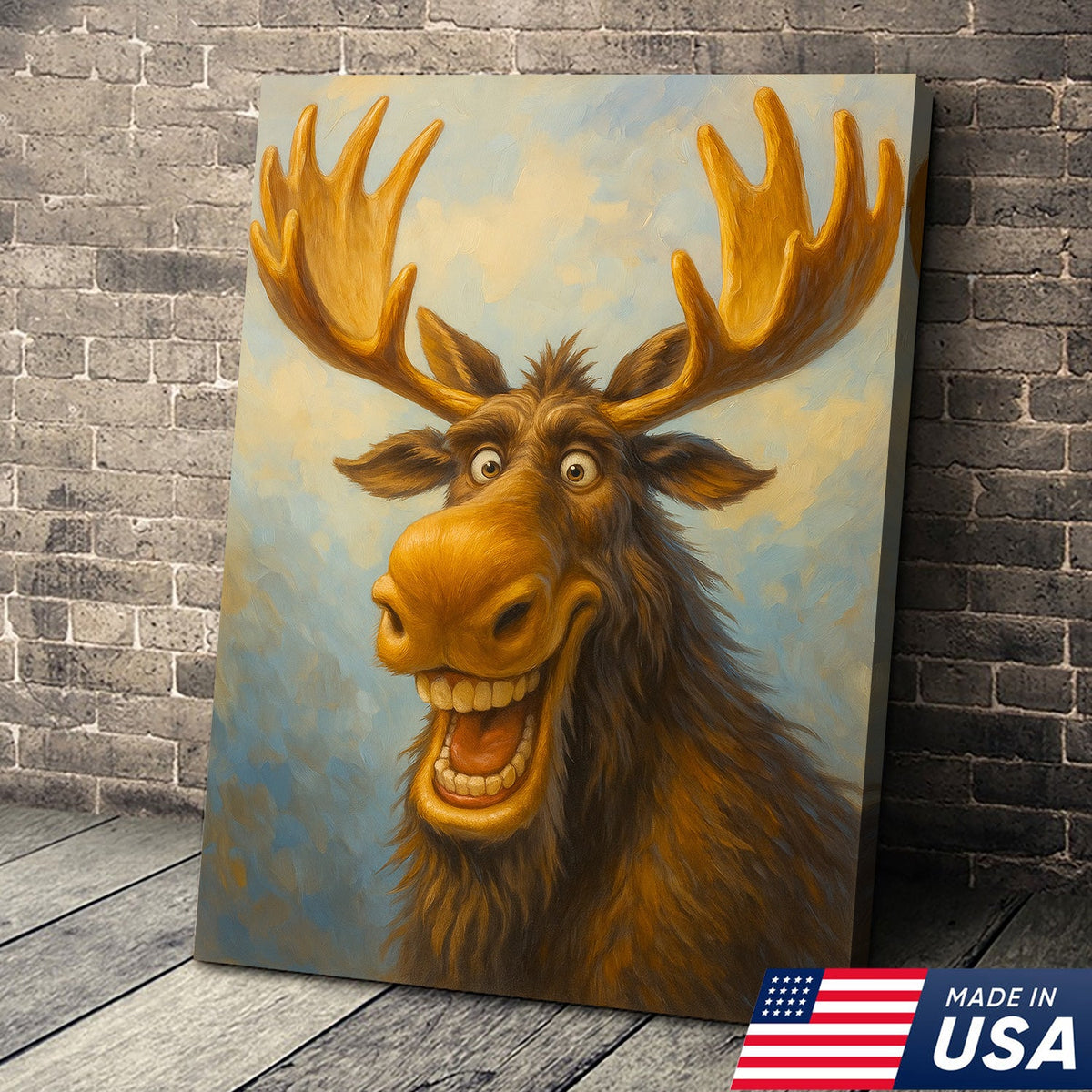 Funny Moose Wall Art – Cartoon Moose Decor, Rustic Cabin Gift, Lodge Bar Humor Canvas Print