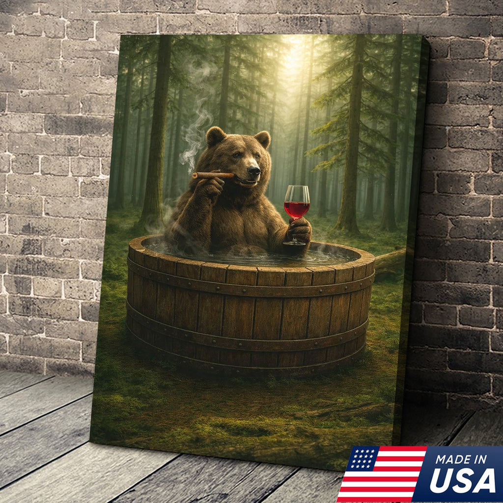Relaxing Bear Forest Bath Canvas Wall Art, Whimsical Woodland Animal Illustration