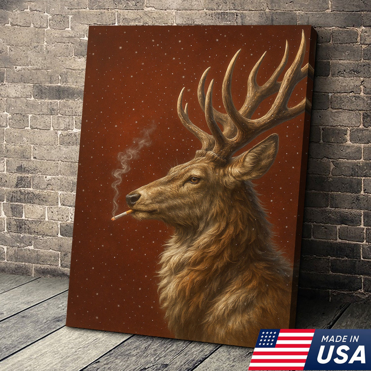 Smoking Deer Wall Art Canvas – Rustic Buck Canvas Print, Funny Christmas Cabin Decor