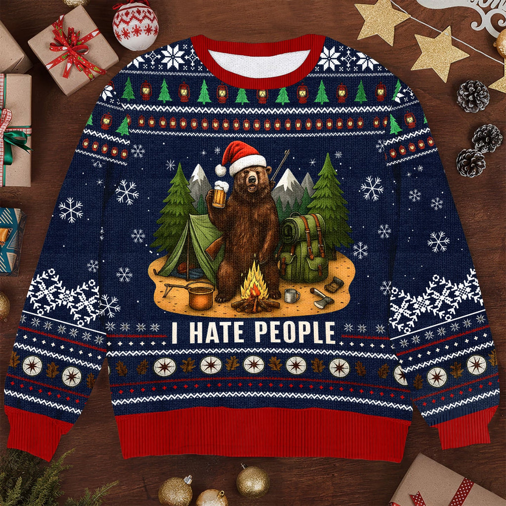 Funny Camping Bear I Hate People Ugly Christmas Sweater, Grumpy Bear Holiday Sweater