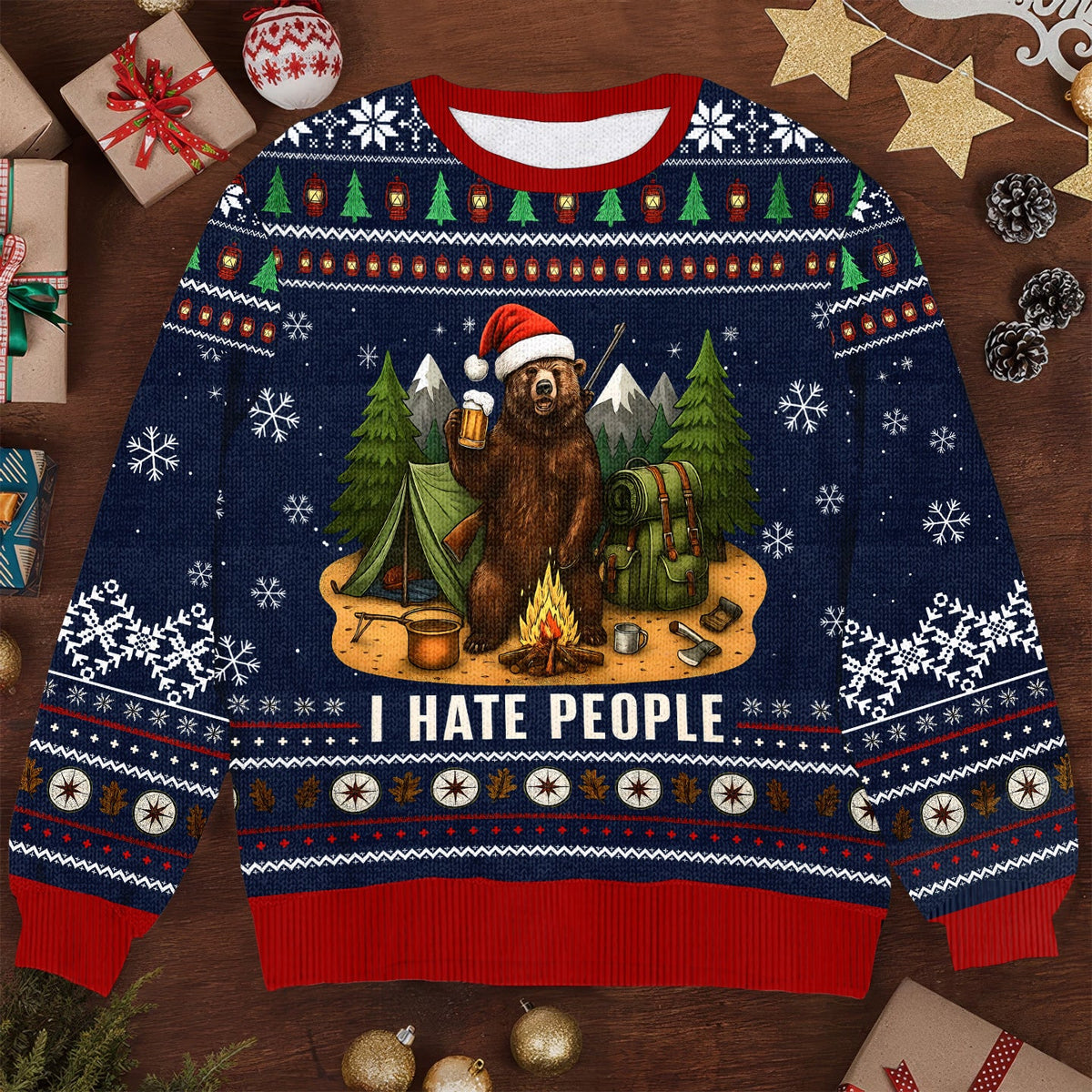 Funny Camping Bear I Hate People Ugly Christmas Sweater, Grumpy Bear Holiday Sweater
