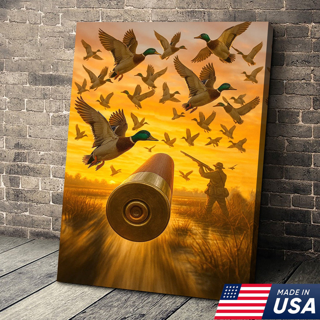 Duck Hunting Canvas Wall Art, Shotgun Shell and Flying Mallards Artwork, Rustic Cabin Decor for Hunters