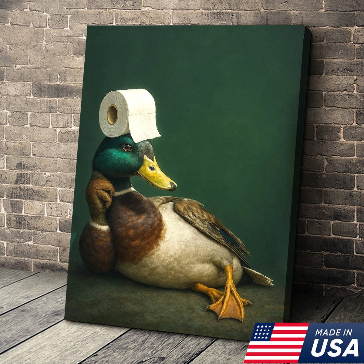 Funny Duck Bathroom Canvas Wall Art – Quirky Rustic Lodge Decor – Mallard Humor Gift Idea