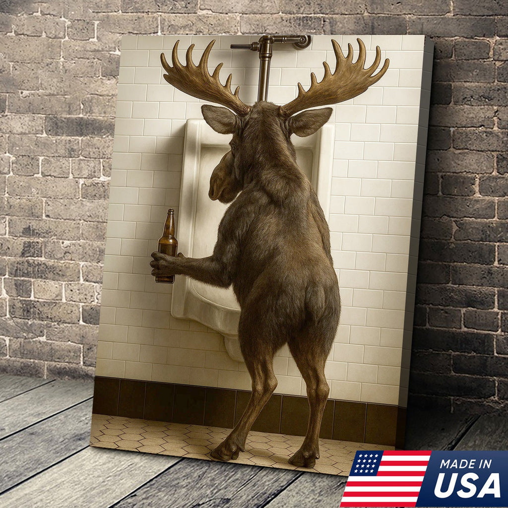 Moose Bathroom Canvas Wall Art - Funny Rustic Lodge Decor for Cabin and Hunting Enthusiasts