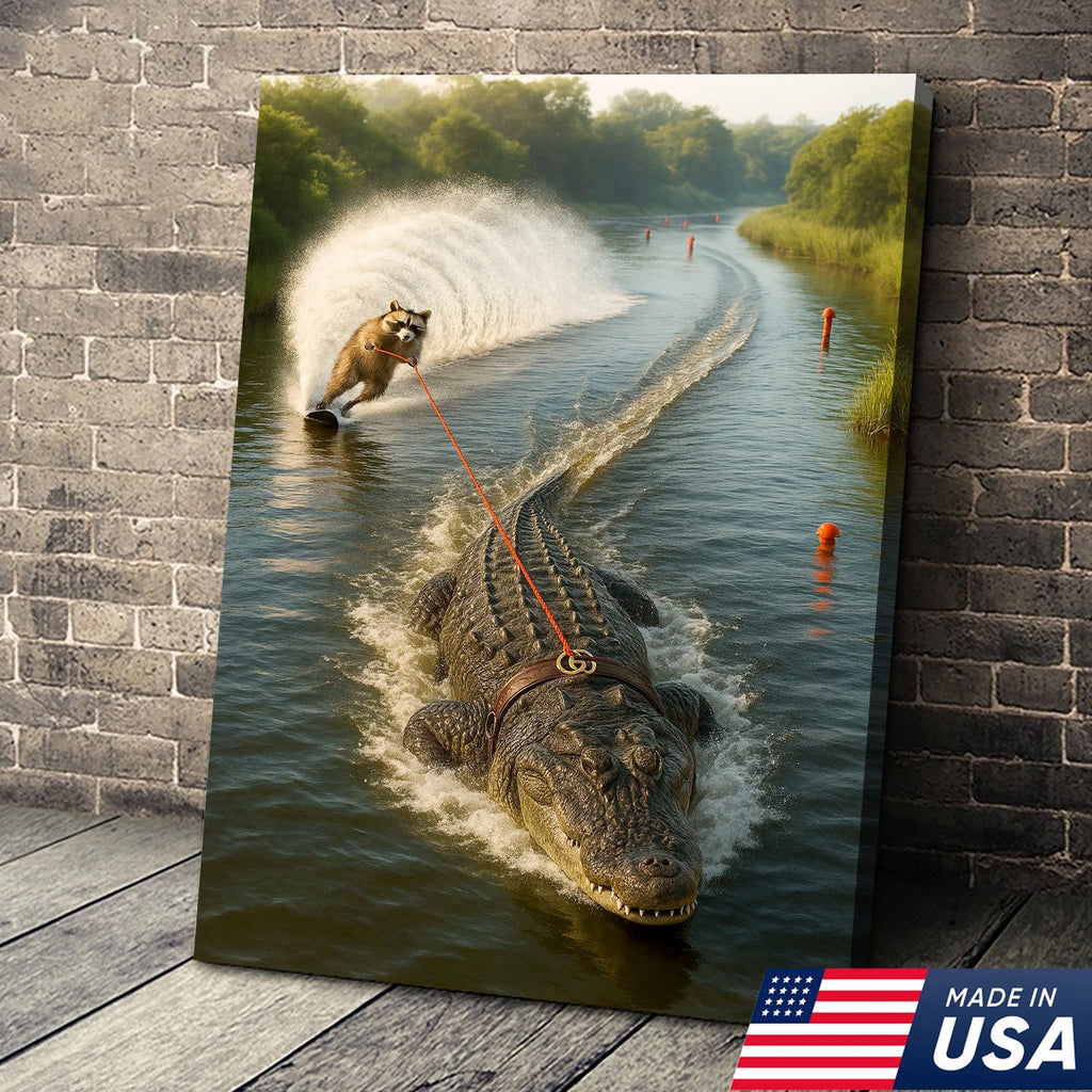 Racoon Water Skiing with Alligator Canvas Wall Art, Funny Animal Adventure Decor