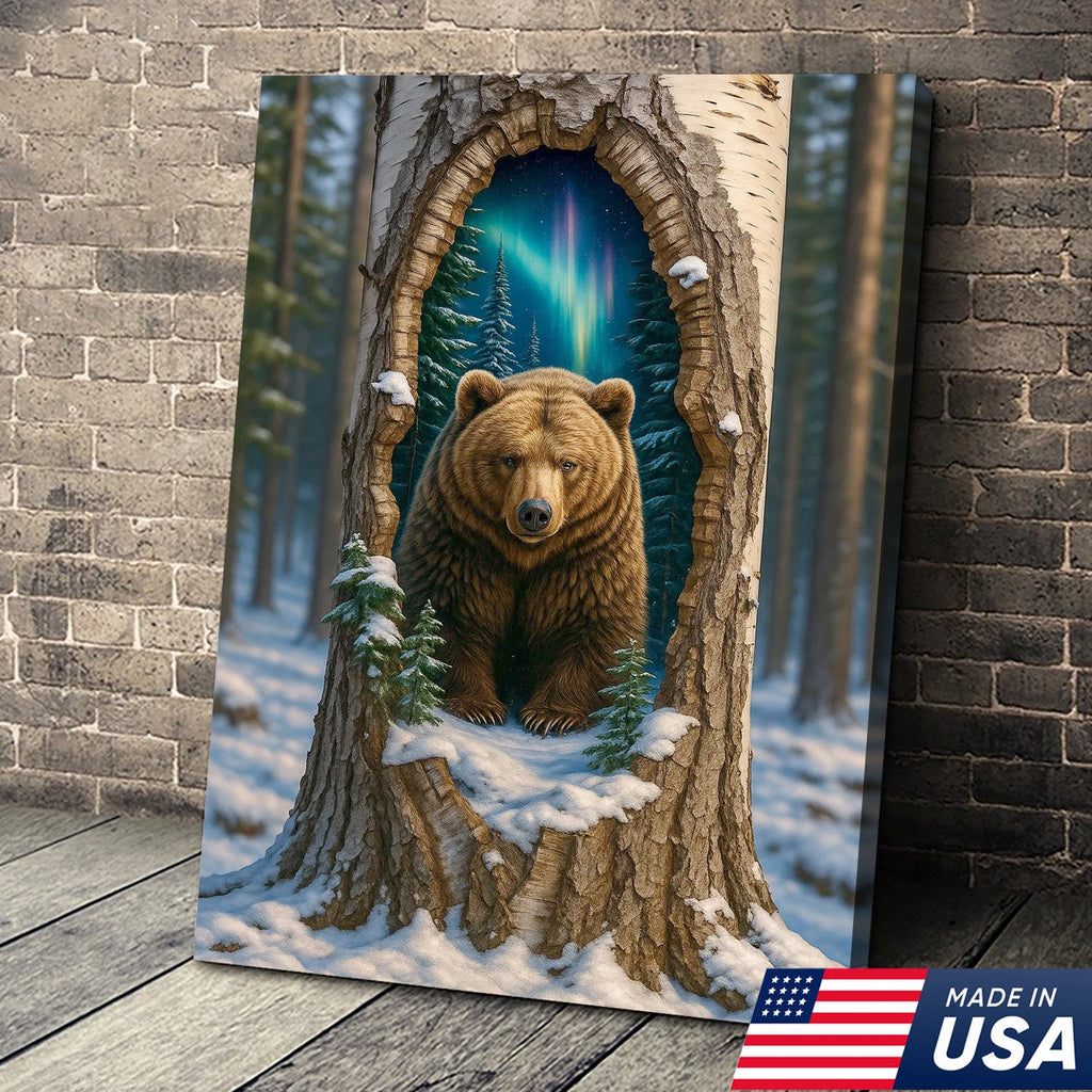 Aurora Borealis Bear in Hollow Tree Canvas Wall Art, Winter Forest Cabin Decor