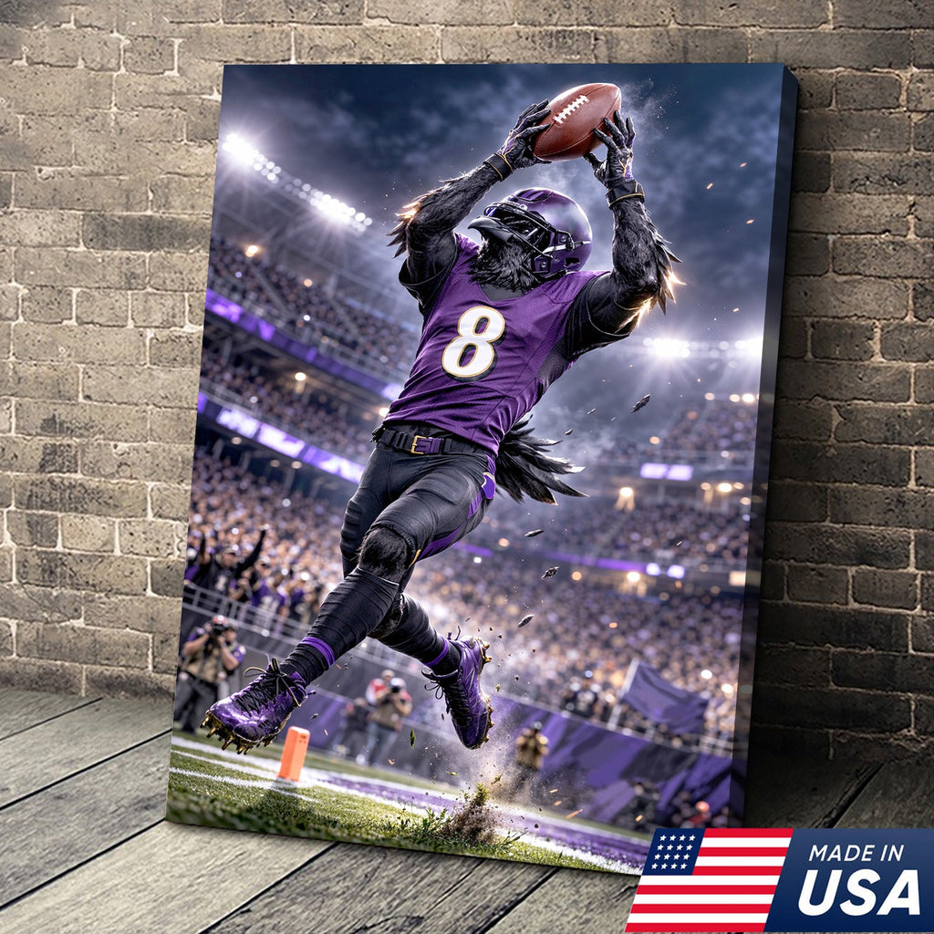 Raven Football Player Canvas Wall Art – Purple Stadium Touchdown Action Print