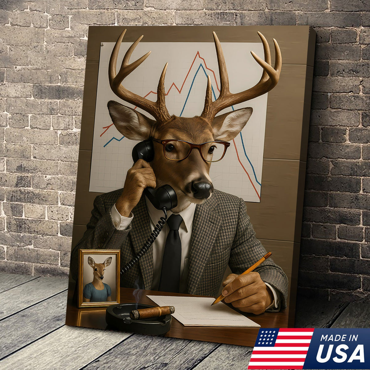 Funny Deer Businessman Canvas, Hilarious Office Buck Wall Art, Quirky Animal Decor for Workspace