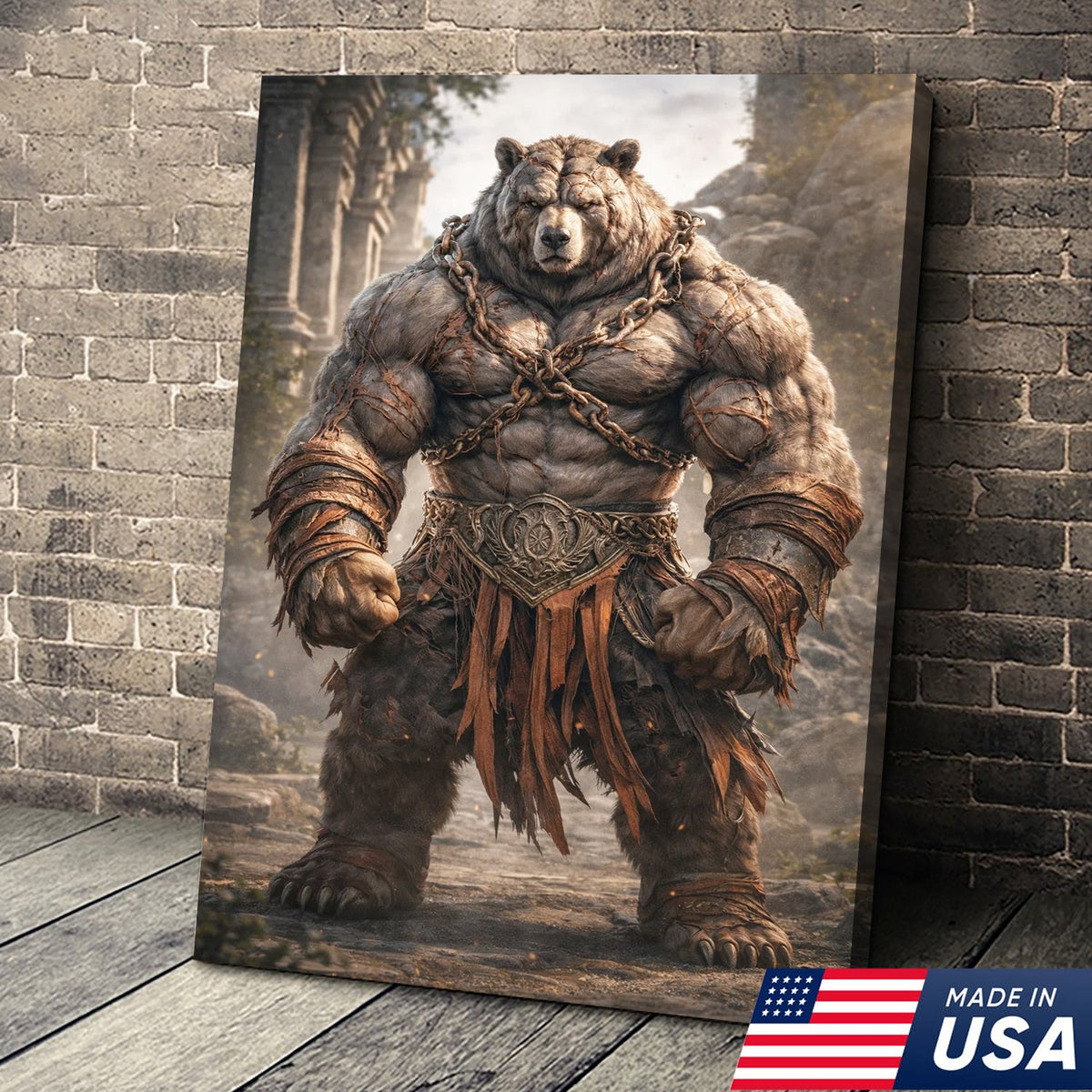 Epic Warrior Bear Canvas Wall Art – Fantasy Barbarian Animal Print