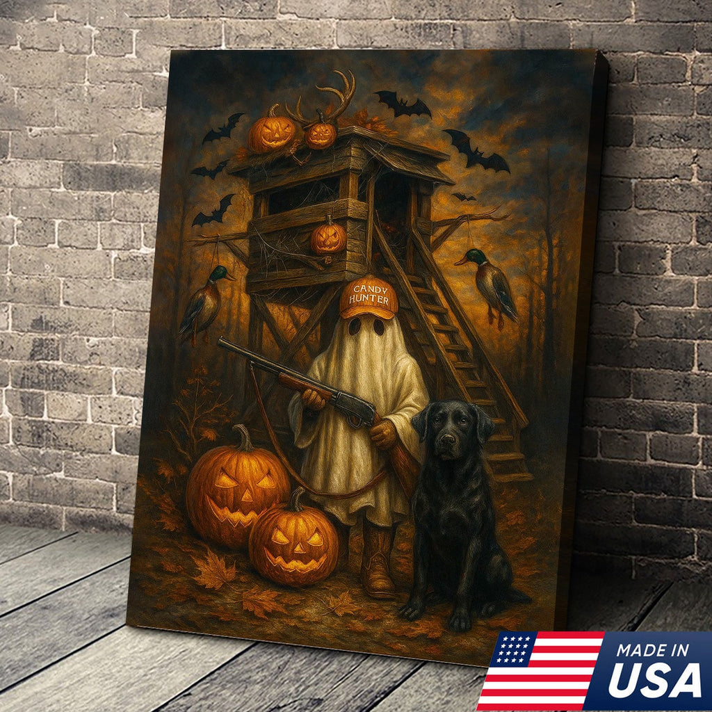 Halloween Canvas Wall Art – Ghost Hunter and Black Lab, Pumpkins, Bats and Ducks