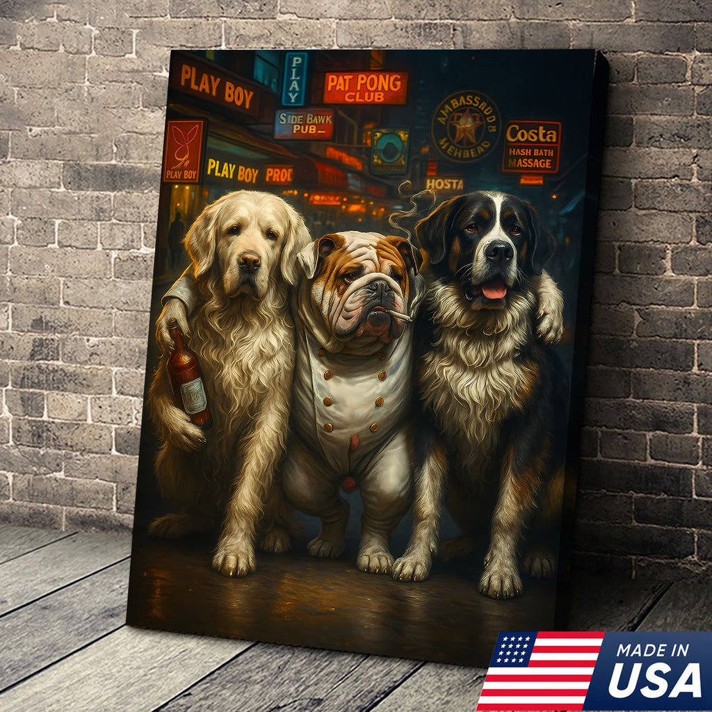 Three Drunk Dogs Canvas – Funny Bar Dog Wall Art for Men’s Room or Home Bar