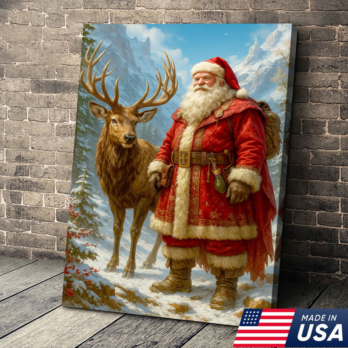 Vintage Santa Claus & Reindeer Canvas – Classic Christmas Wall Art, Cozy Winter Decor