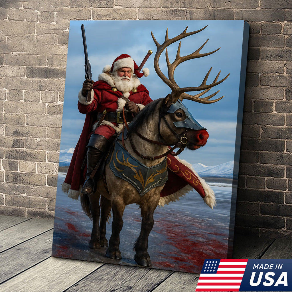 Epic Santa Riding Reindeer Canvas Wall Art, Fantasy Warrior Santa on Armored Reindeer