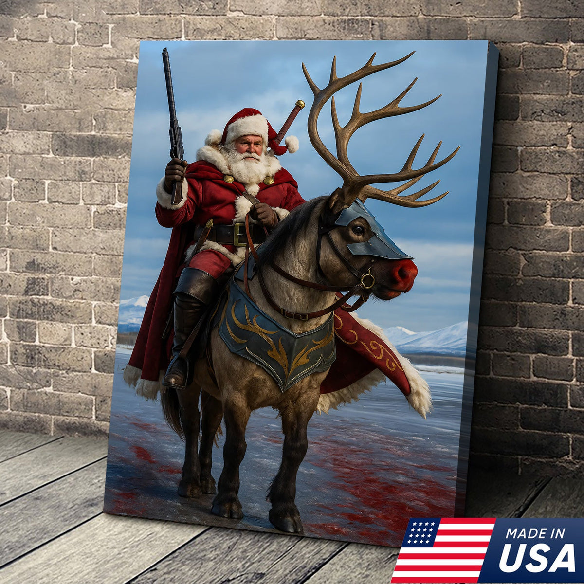 Epic Santa Riding Reindeer Canvas Wall Art, Fantasy Warrior Santa on Armored Reindeer