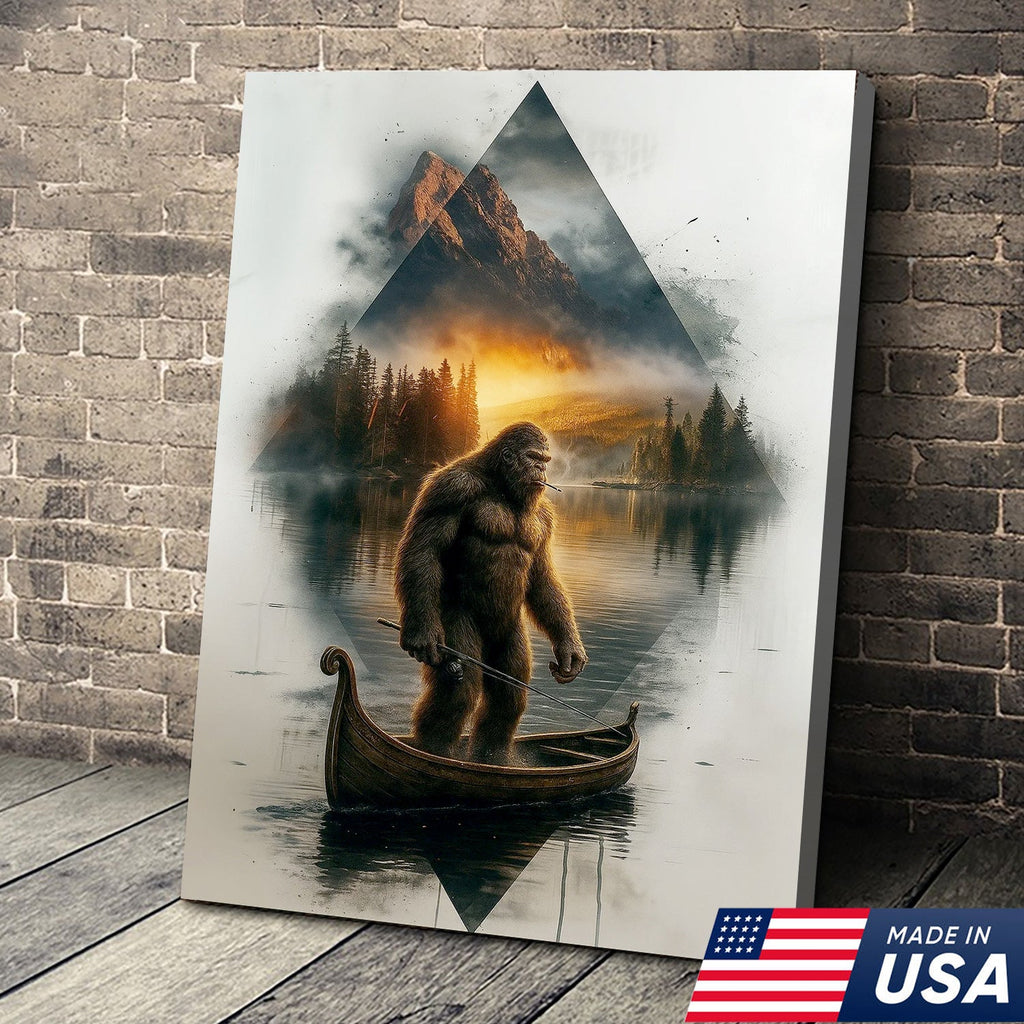 Bigfoot Fishing On Wooden Boat Adventure Canvas Wall Art – Mysterious Forest Lake Decor