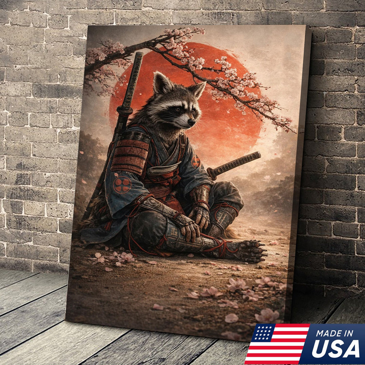 Samurai Raccoon Wall Art Canvas Print, Japanese Warrior Animal Illustration