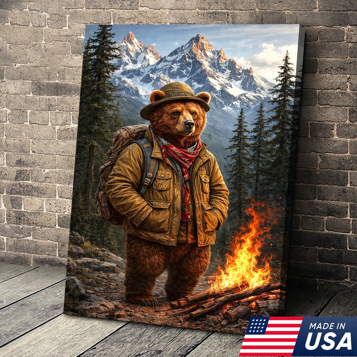 Mountain Explorer Bear Canvas Wall Art – Realistic Wildlife Hiking Print