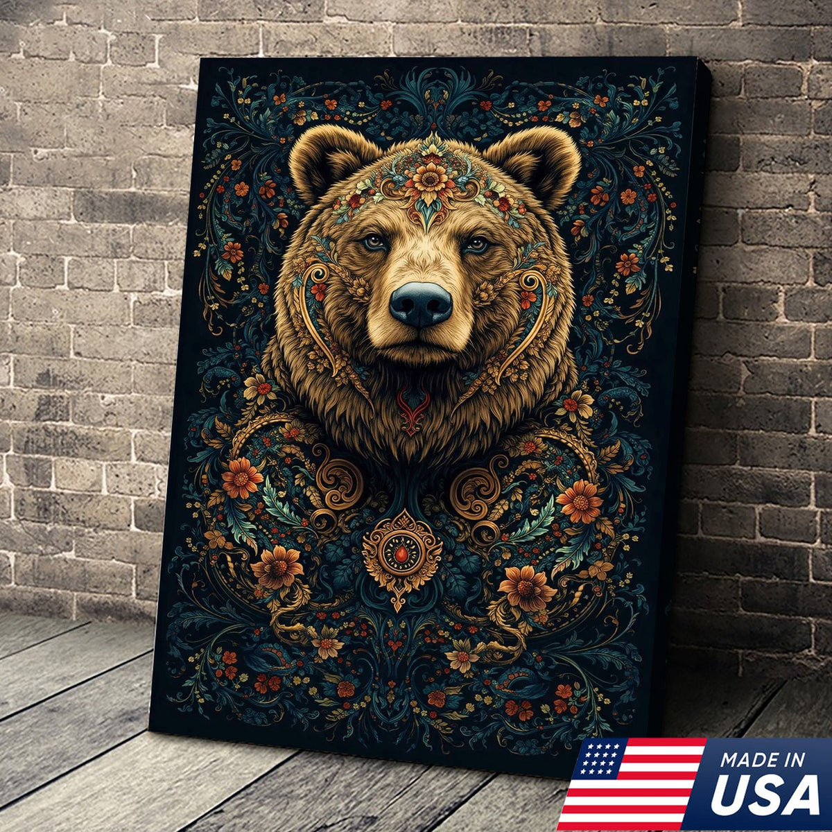 Ornate Floral Bear Canvas Wall Art, Majestic Bear Portrait with Decorative Pattern