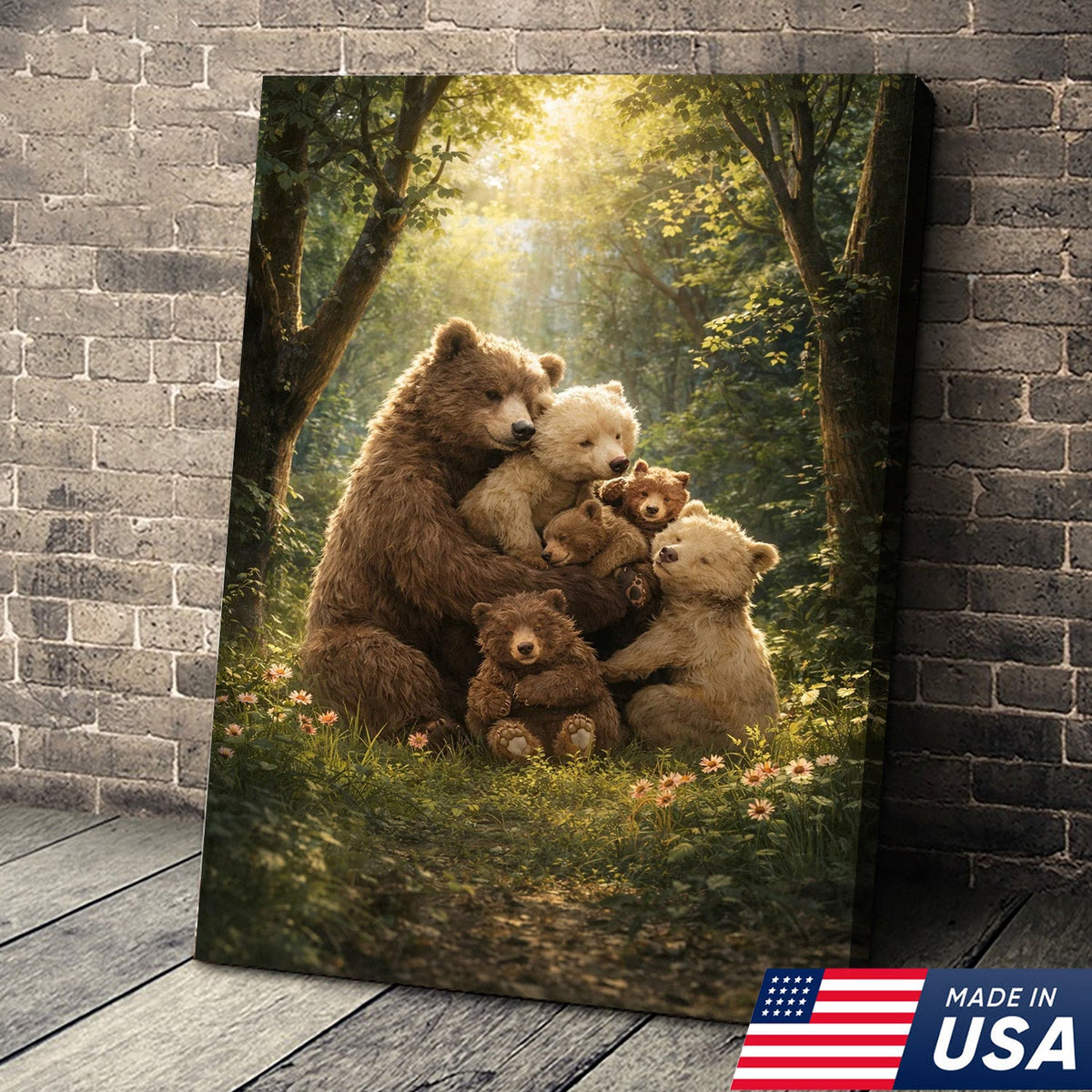 Heartwarming Bear Family Canvas Wall Art, Mother Bear with Cubs in Sunlit Forest