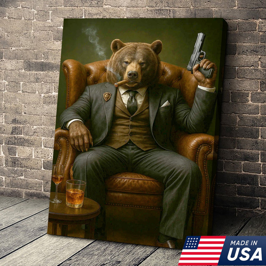 Boss Bear in Tailored Suit Canvas Wall Art, Powerful Gentleman Animal Portrait