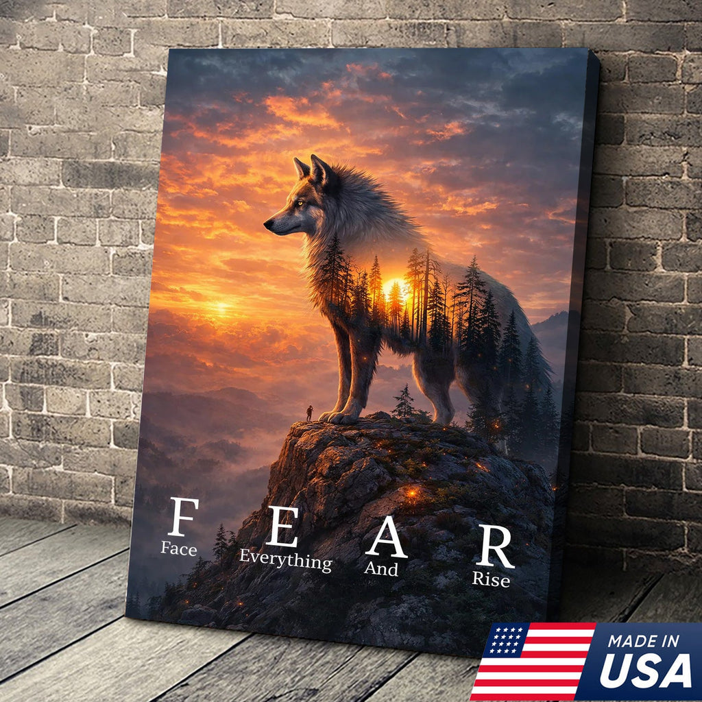 Fear Face Everything And Rise Wolf Canvas Wall Art, Inspirational Sunset Wolf Artwork