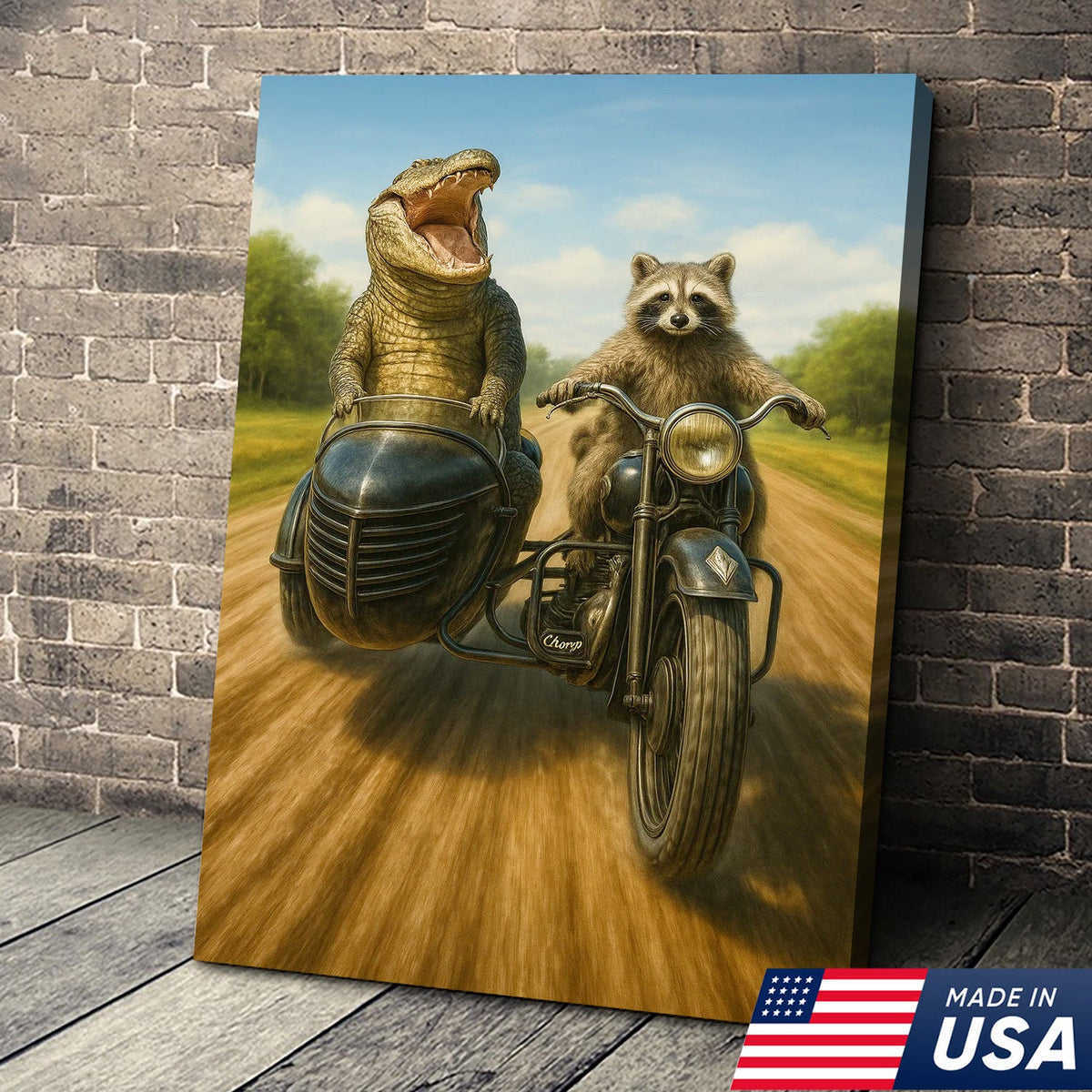 Raccoon Riding Motorcycle with Alligator Sidecar Canvas Wall Art, Funny Wildlife Road Trip Decor for Man Cave