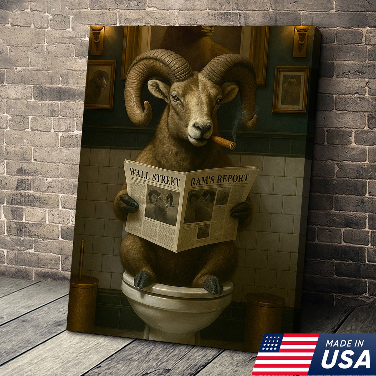 Funny Bighorn Sheep Bathroom Wall Art – Rustic Hunting Cabin & Man Cave Decor