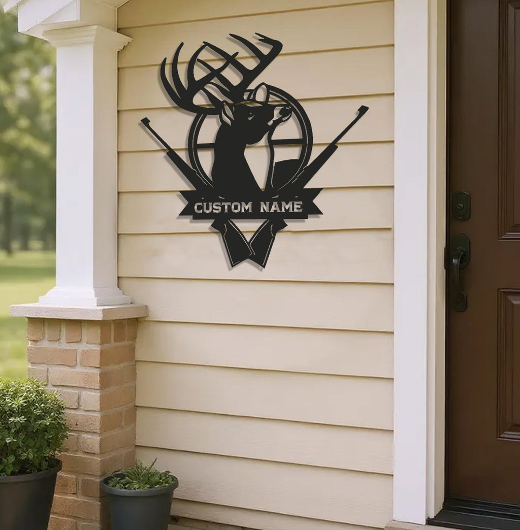 Personalized Deer Hunting Metal Sign WITH LED/WITHOUT LED - Rustic Buck Wall Art with Rifles