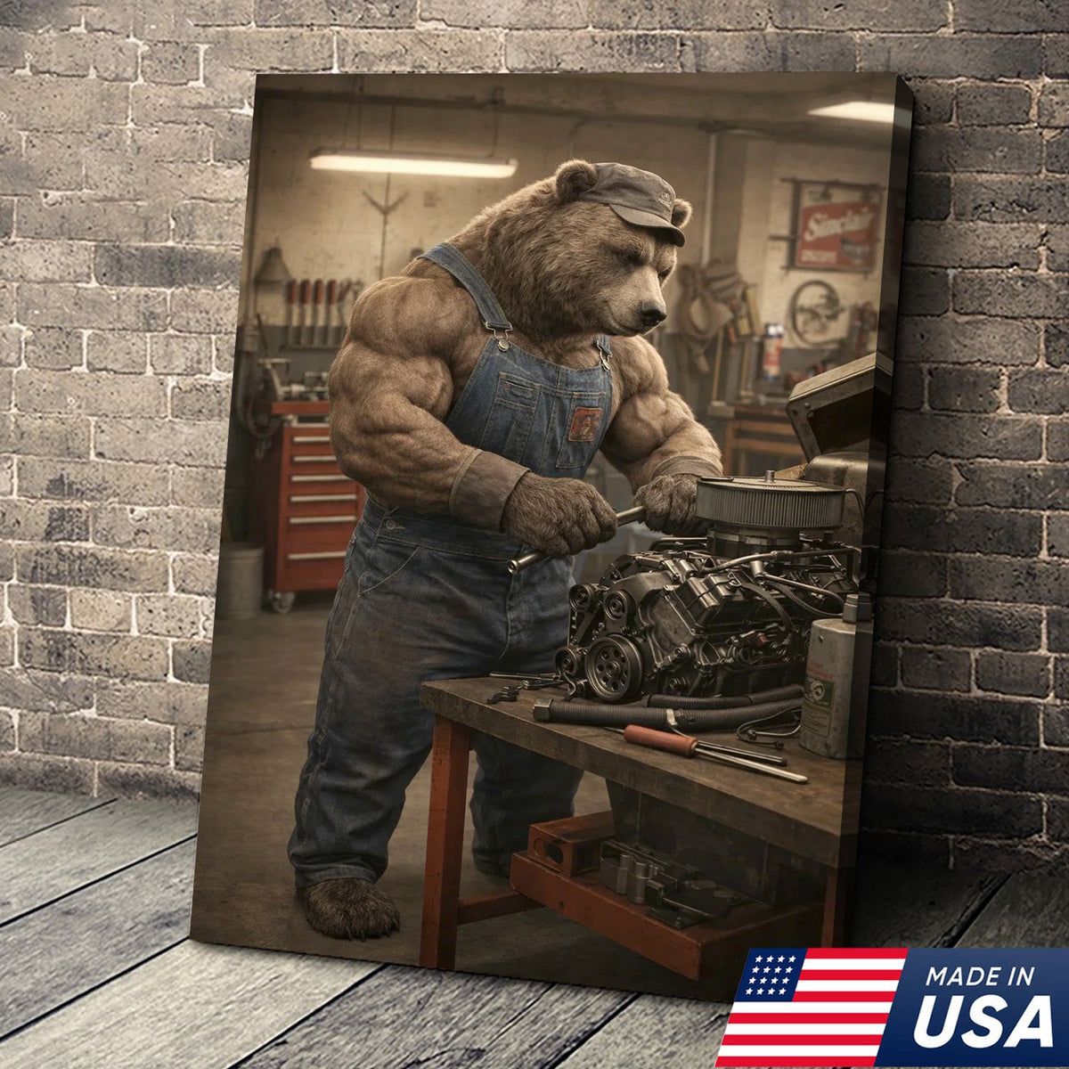 Muscular Bear Mechanic Canvas Wall Art – Realistic Animal Workshop Print