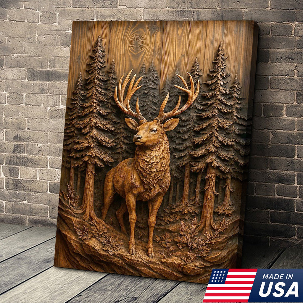 Deer in Pine Forest Canvas Wall Art, Rustic Wood Carved Look Buck Artwork