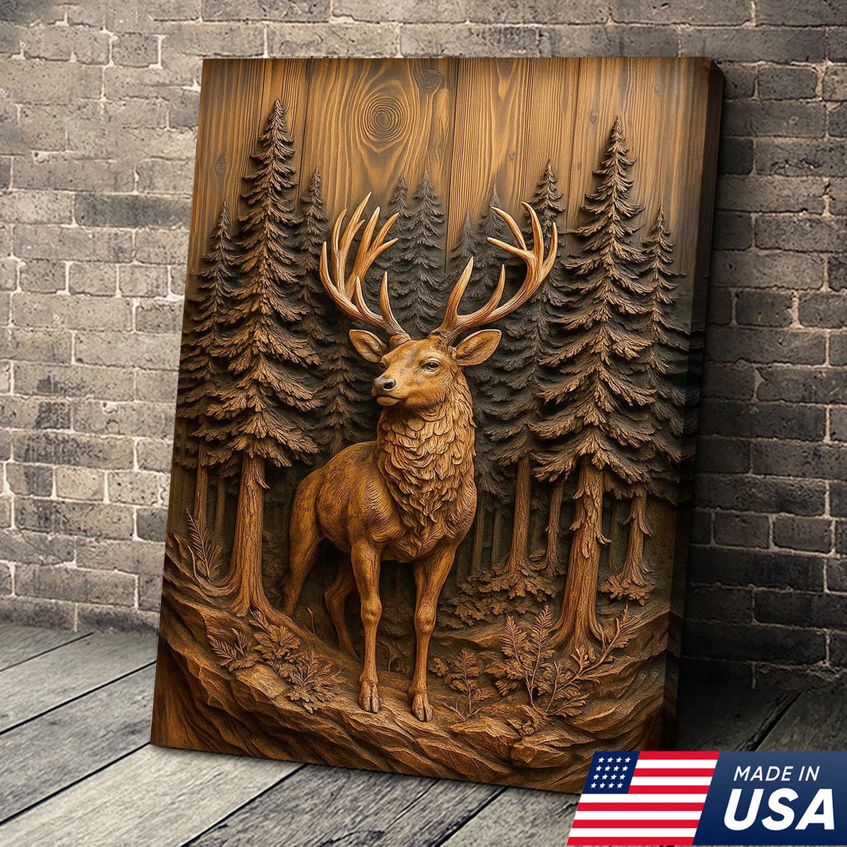 Deer in Pine Forest Canvas Wall Art, Rustic Wood Carved Look Buck Artwork