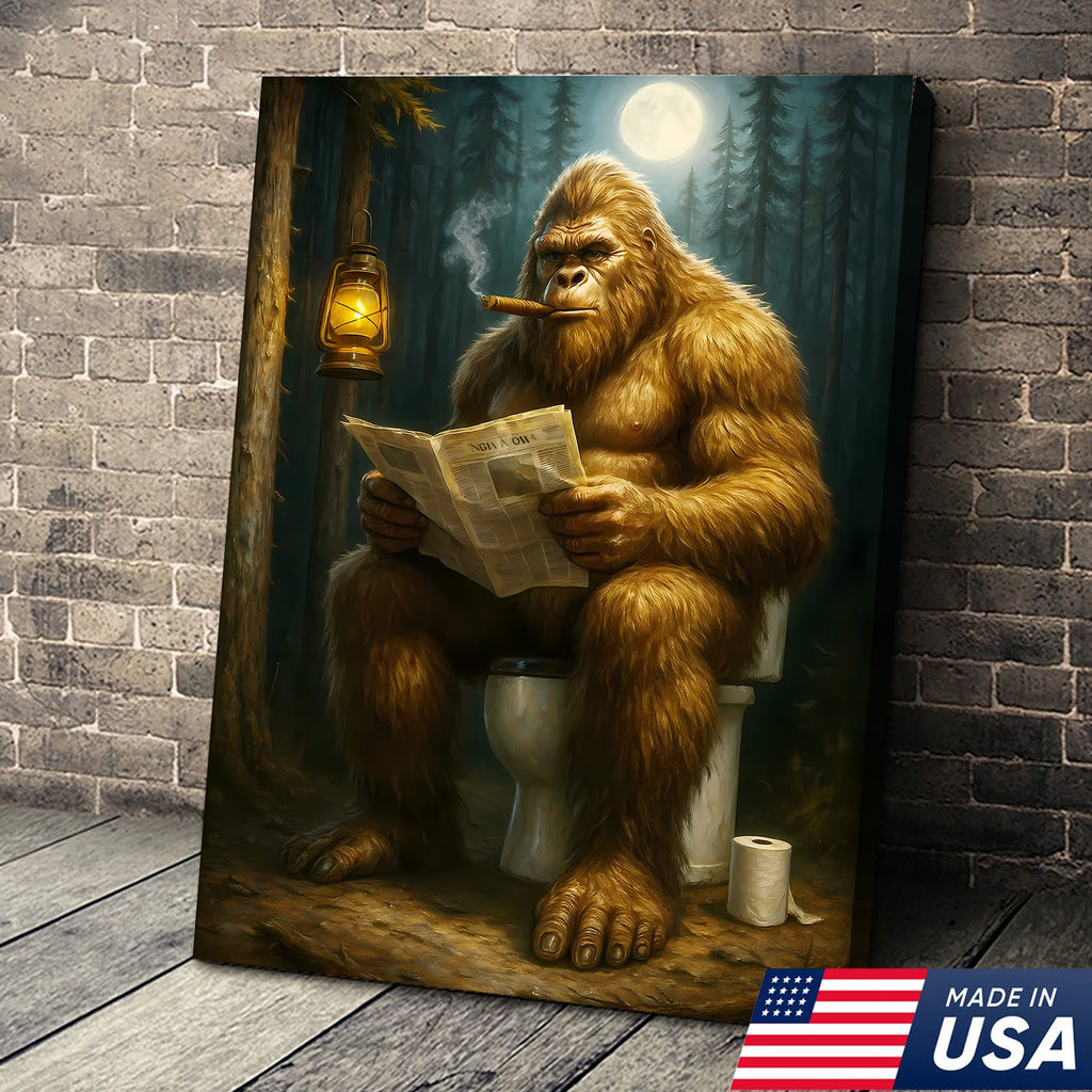 Funny Bigfoot Bathroom Canvas Wall Art, Sasquatch Reading Newspaper Picture
