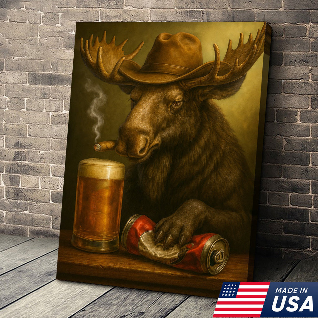 Rustic Cowboy Moose Beer Canvas – Funny Bar Wall Art Gift for Hunters, Cabin Decor & Man Caves