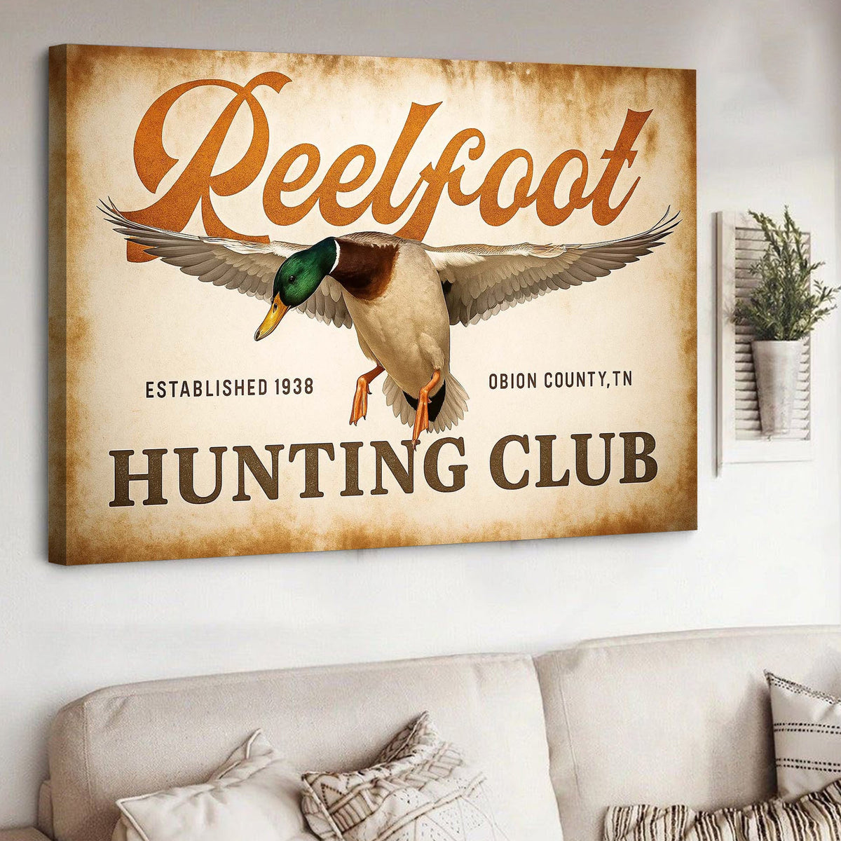 Personalized Retro Reelfoot Hunting Club Canvas Wall Art, Vintage Mallard Duck Sign