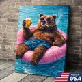 Funny Bear Pool Canvas Wall Art – Cool Bear Drinking Beer Funny Animal Decor