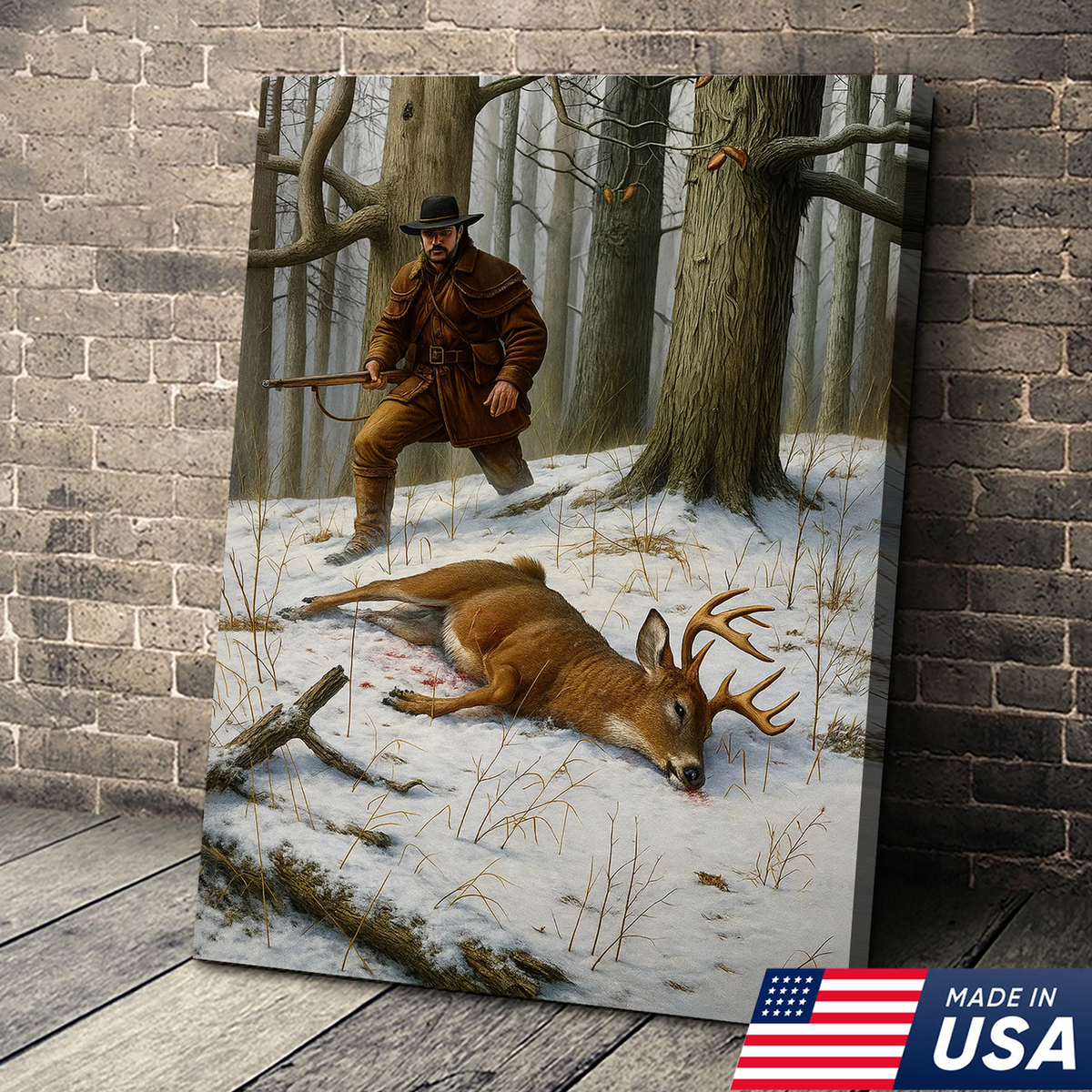 Deer Hunting Canvas Wall Art – Rustic Winter Forest Scene, Hunter with Rifle and Buck