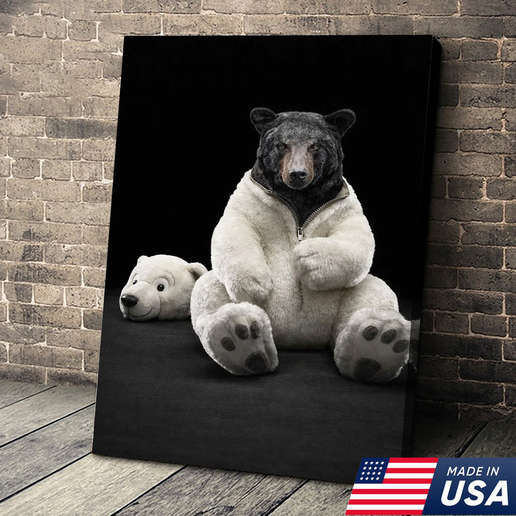 Cute Bear in Plush Suit Canvas Wall Art, Playful Bear Illustration with Soft Toy Head