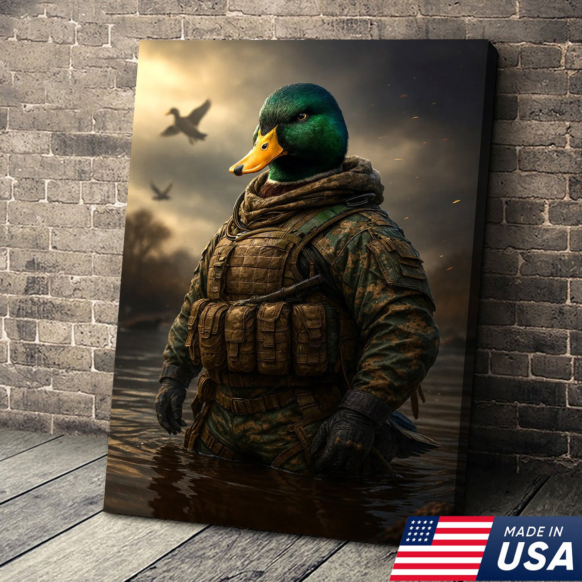 Tactical Duck Canvas Art – Elite Armored Mallard Warrior in Battle Scene