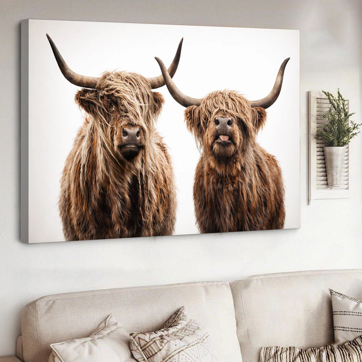Highland Cow Duo Canvas Wall Art, Rustic Farm Animal Portrait
