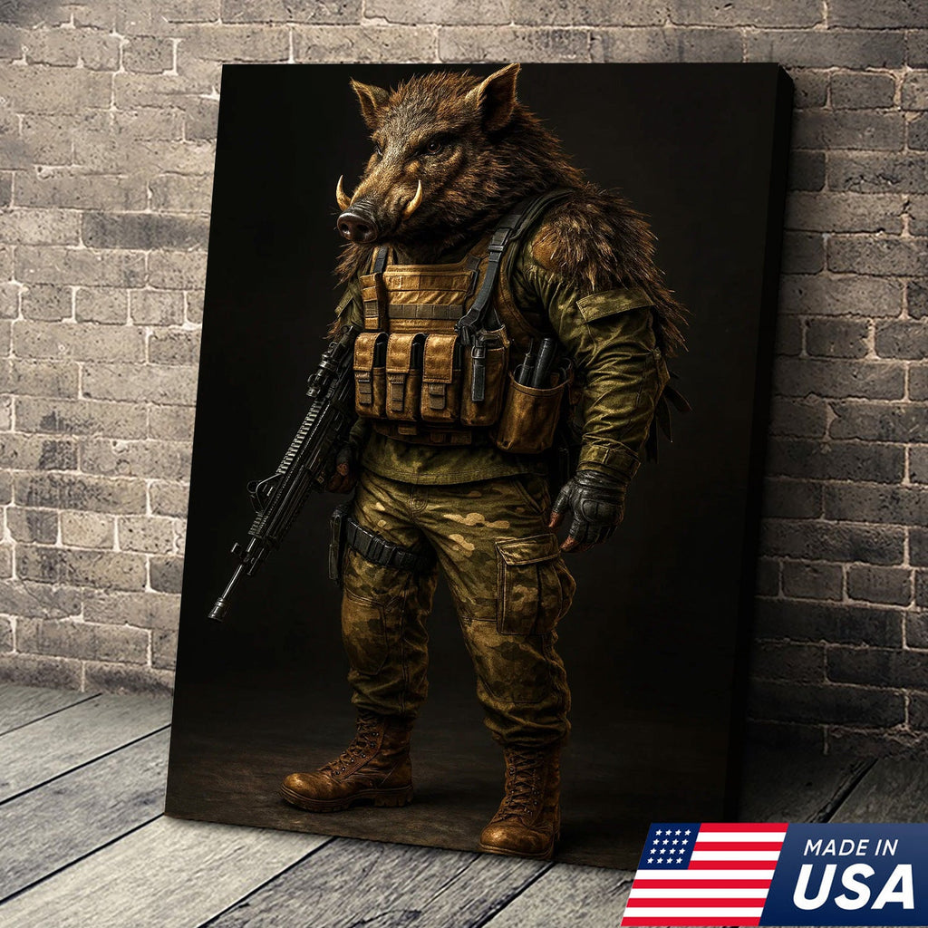 Tactical Boar Canvas Art – Armored Wild Hog Warrior in Combat Gear