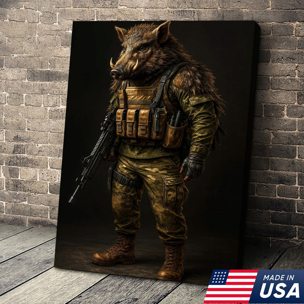 Tactical Boar Canvas Art – Armored Wild Hog Warrior in Combat Gear