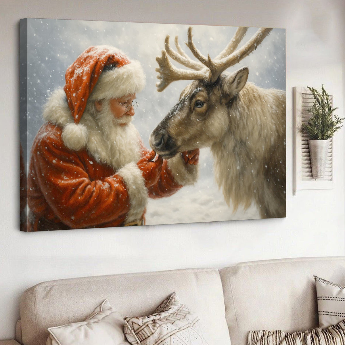 Santa with Reindeer Canvas Wall Art, Tender Snowy Christmas Scene Picture