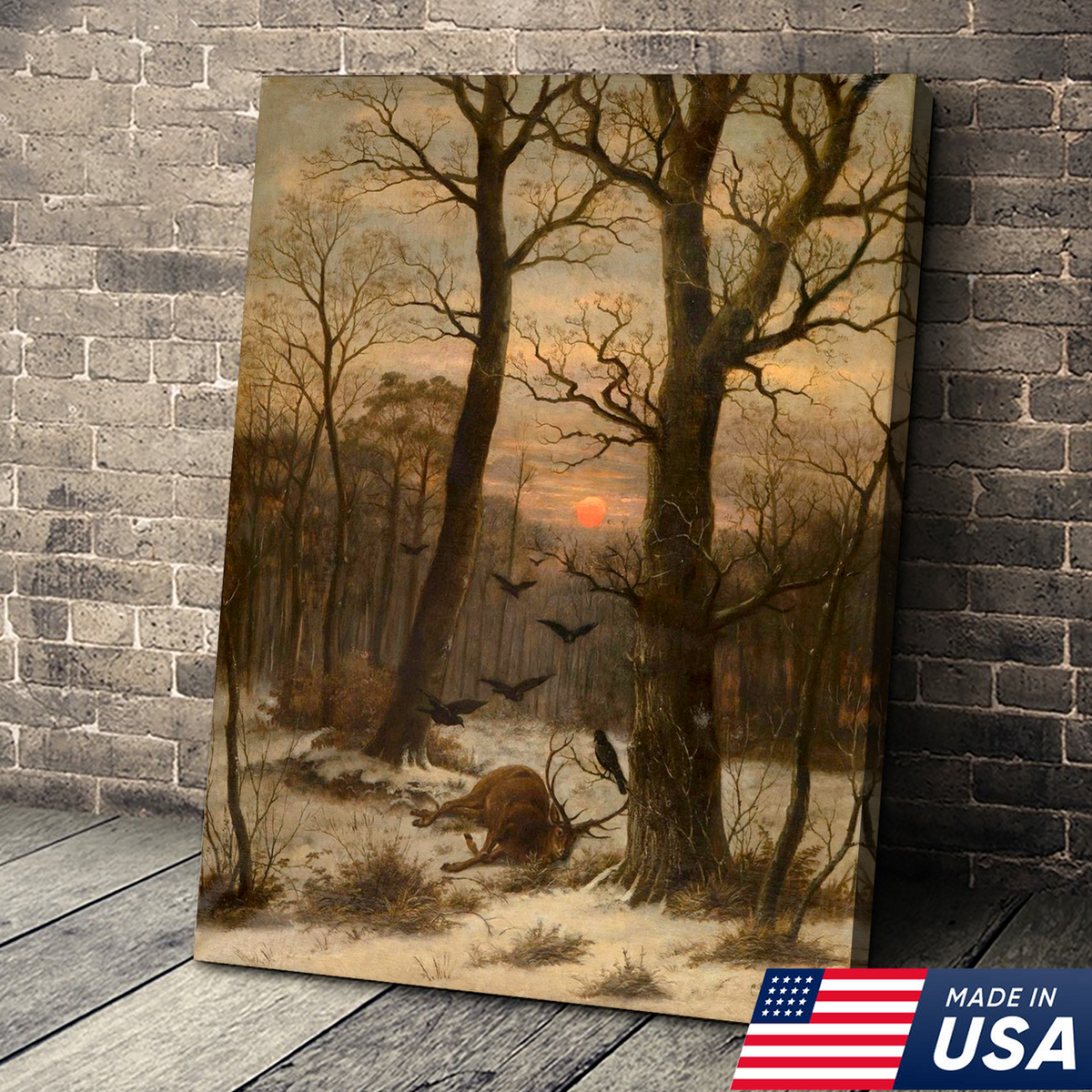 Vintage Deer Hunting Canvas Wall Art, Winter Forest Stag, Rustic Cabin Lodge Wildlife Decor